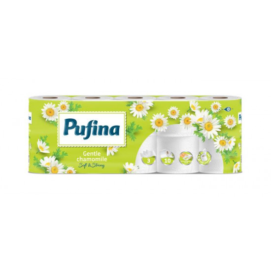 Toalettpapír, 3 rétegű, kistekercses, 10 tekercs, PUFINA "Chamomile", kamilla illattal