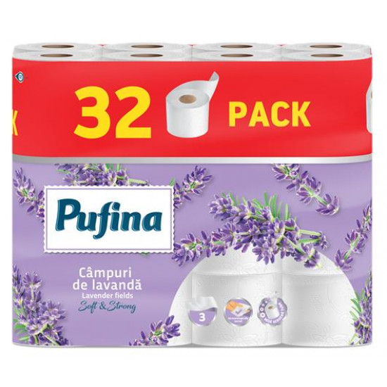 Toalettpapír, 3 rétegű, kistekercses, 32 tekercs, PUFINA "Lavender Fields", levendula illattal