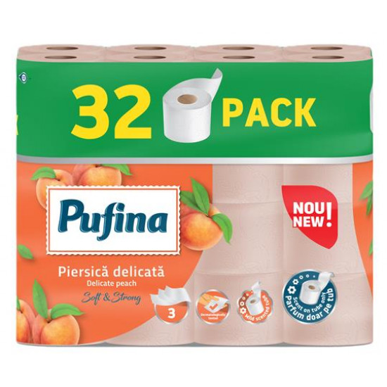 Toalettpapír, 3 rétegű, kistekercses, 32 tekercs, PUFINA "Delicate Peach", barack illattal