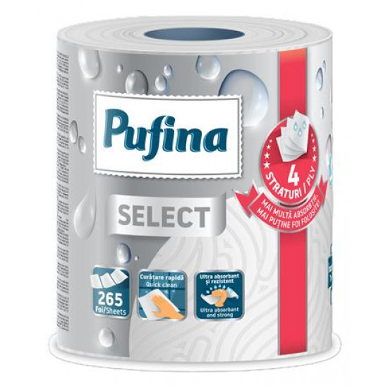 Háztartási papírtörlő, 4 rétegű, 265 lap, 1 tekercses, PUFINA "Select", hófehér
