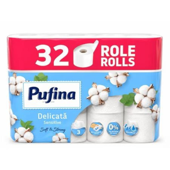 Toalettpapír, 3 rétegű, kistekercses, 32 tekercs, PUFINA "Sensitive", illatmentes