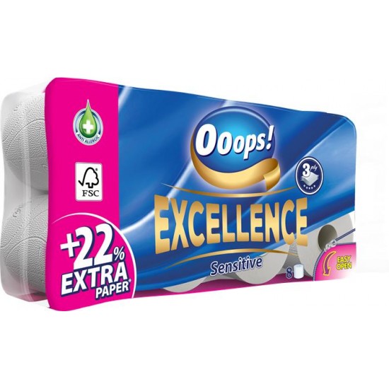 Toalettpapír, 3 rétegű, 8 tekercses, "Ooops! Excellence"