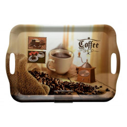 Tálca, szögletes, műanyag, kávéház mintás, 35,5x25,5 cm     