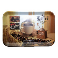 Tálca, szögletes, műanyag, kávéház mintás, 21x14 cm    