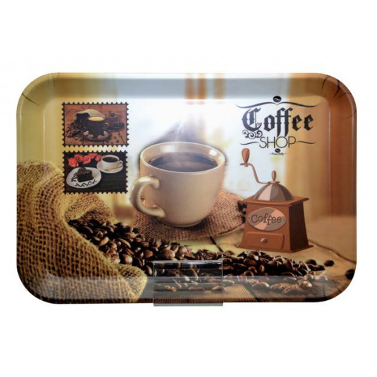 Tálca, szögletes, műanyag, kávéház mintás, 21x14 cm    
