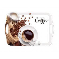 Tálca, szögletes, műanyag, fogantyúval, kávé mintás, 41,5x28,5 cm