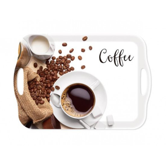 Tálca, szögletes, műanyag, fogantyúval, kávé mintás, 41,5x28,5 cm