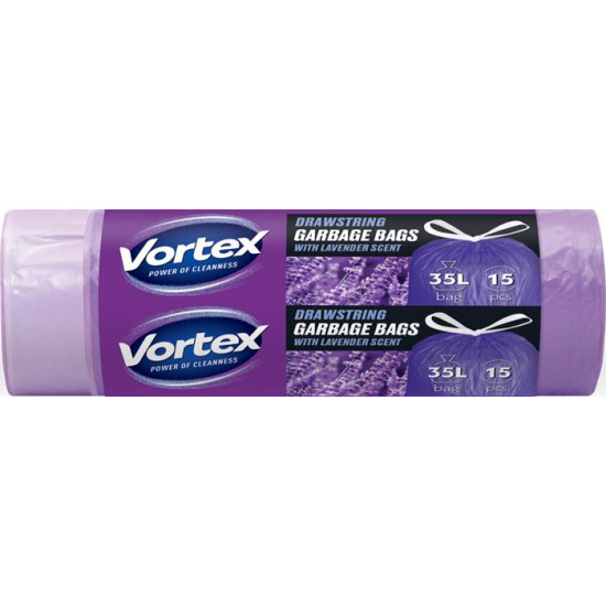 Szemeteszsák, zárószalagos, 35 l, 15 db, 50x60 cm, HDPE, 15 µ, VORTEX, levendula illattal