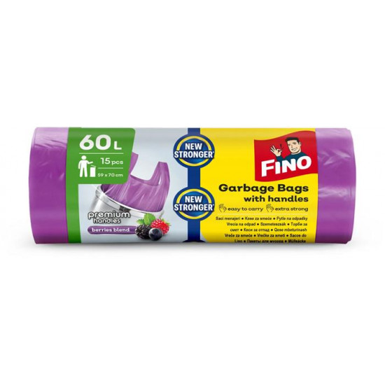 Szemeteszsák, köthető füles, illatosított, 60 l, 15 db, 59x70 cm, 16 µ, FINO "Premium handles", lila