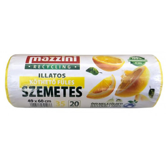 Szemeteszsák, újrahasznosított, köthető füles, illatosított, 35 l, 20 db, 49x60 cm, 10 µ, MAZZINI, citrus illat