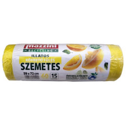 Szemeteszsák, újrahasznosított, köthető füles, illatosított, 60 l, 15 db, 59x72 cm, 13 µ, MAZZINI, citrus illat