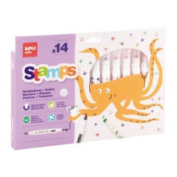 Filctoll készlet, 2,5 mm, kimosható, nyomda, APLI Kids "Stamps", 14 különböző szín és minta