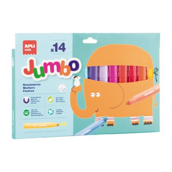 Filctoll készlet, 9,6 mm, kimosható, vastag, APLI Kids "Jumbo", 14 különböző szín