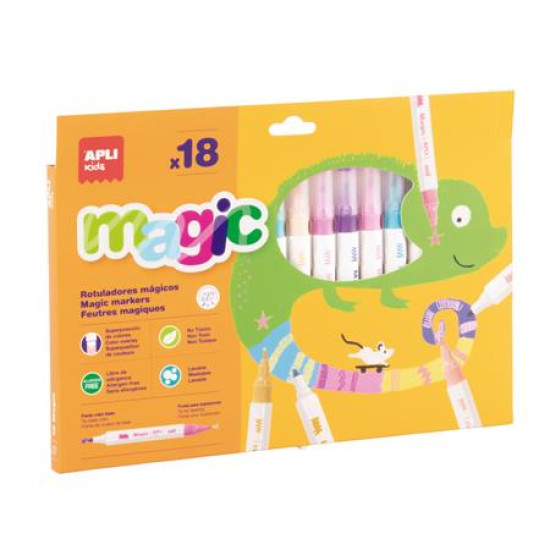 Filctoll készlet, kétvégű, kimosható, APLI Kids "Magic", 18 különböző szín Filctoll készlet, kétvégű, kimosható, APLI Kids "Magic", 18 különböző szín