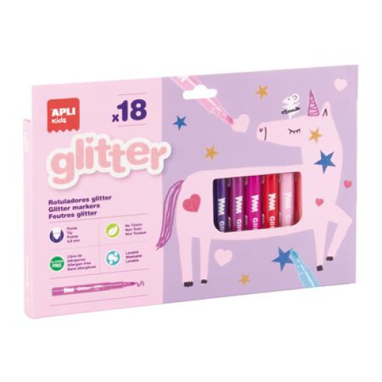 Filctoll készlet, 4,8 mm, kimosható, csillámos, APLI Kids "Glitter", 18 különböző szín Filctoll készlet, 4,8 mm, kimosható, csillámos, APLI Kids "Glitter", 18 különböző szín