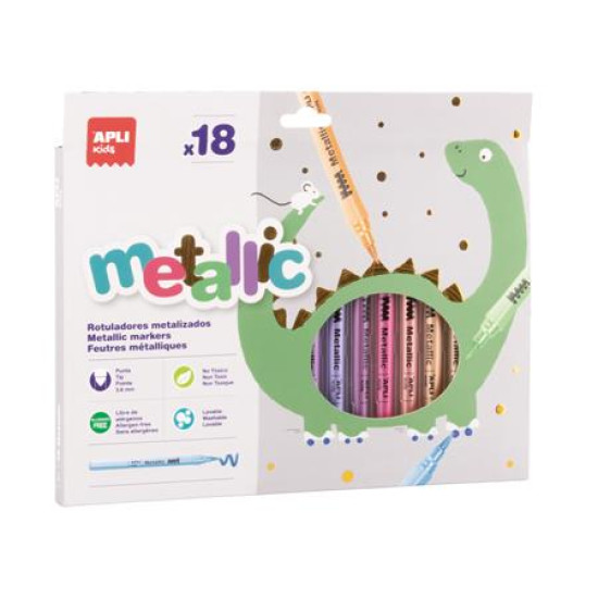 Filctoll készlet, 3,6 mm, kimosható, metálfényű, APLI Kids "Metallic", 18 különböző szín