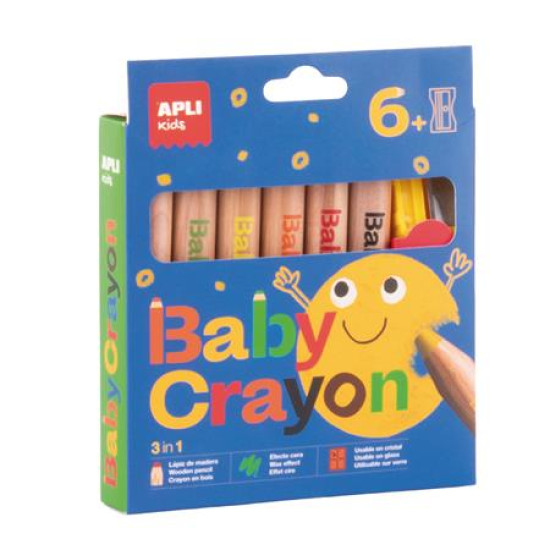 Színes ceruza készlet, vastag, hegyezővel, 3 az 1-ben, APLI Kids "Baby Crayon", 6 különböző szín Színes ceruza készlet, vastag, hegyezővel, 3 az 1-ben, APLI Kids "Baby Crayon", 6 különböző szín