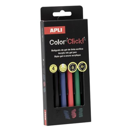 Zseléstoll, akril tintával, 0,7 mm, nyomógombos, APLI "Color Click", 4 különböző szín Zseléstoll, akril tintával, 0,7 mm, nyomógombos, APLI "Color Click", 4 különböző szín