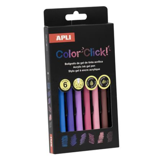 Zseléstoll, akril tintával, 0,7 mm, nyomógombos, APLI "Color Click", tavaszi színek, 6 különböző szín Zseléstoll, akril tintával, 0,7 mm, nyomógombos, APLI "Color Click", tavaszi színek, 6 különböző szín
