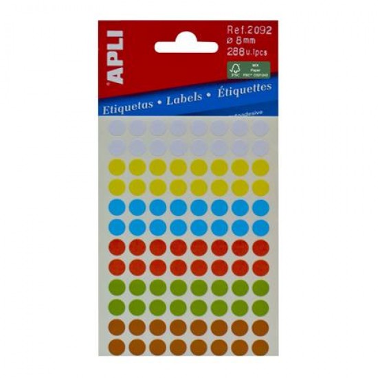 Etikett, 8 mm kör, kézzel írható, színes, APLI, vegyes színek, 288 etikett/csomag