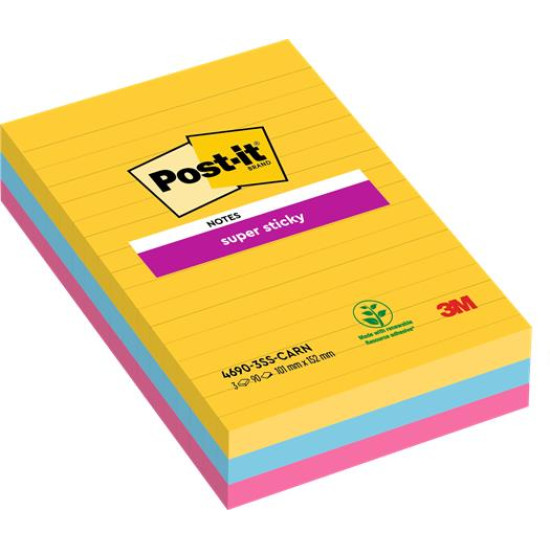Öntapadó jegyzettömb, vonalas, 3x90 lap, 101x152 mm, 3M POSTIT "Super Sticky", "Carnival", vegyes színek