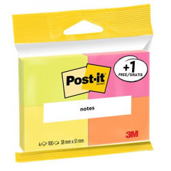Öntapadó jegyzettömb, 38x51 mm, 4x100 lap, 3M POSTIT, "Neon"