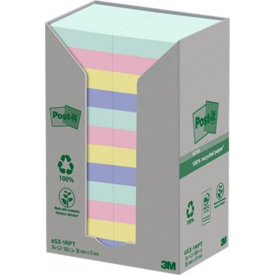 Öntapadó jegyzettömb, 38x51 mm, 24x100 lap, környezetbarát, 3M POSTIT "Nature", vegyes pasztell színek