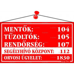 Információs tábla, 22,5x12,5 cm, "Mentők tűzoltók, rendőrség telefonszámok", piros Információs tábla, 22,5x12,5 cm, "Mentők tűzoltók, rendőrség telefonszámok", piros