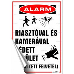 Információs matrica, 25x17,5 cm, "Riasztóval és kamerával védett terület"