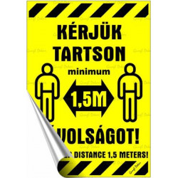 Információs matrica, 11,6x16,6 cm, kétnyelvű, "Kérjük tartson mininum 1,5 m távolságot!"