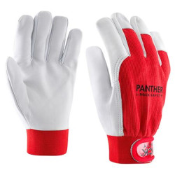 Sofőrkesztyű, kecske színbőr, pamut kézhát, 12-es méret, törtfehér/piros