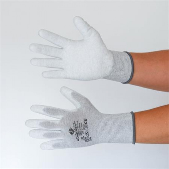 Védőkesztyű, karbonszálas, PU tenyerén mártott, L méret, fehér-szürke Védőkesztyű, karbonszálas, PU tenyerén mártott, L méret, fehér-szürke
