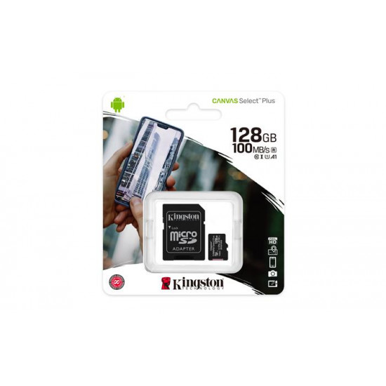 Memóriakártya, microSDXC, 128GB, CL10/UHS-I/U1/V10/A1, adapter, KINGSTON "Canvas Select Plus"