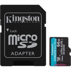 Memóriakártya, microSDXC, 64GB, C10/UHS-I/U3/V30/A2, Gen4, adapter, KINGSTON "Canvas Go! Plus"