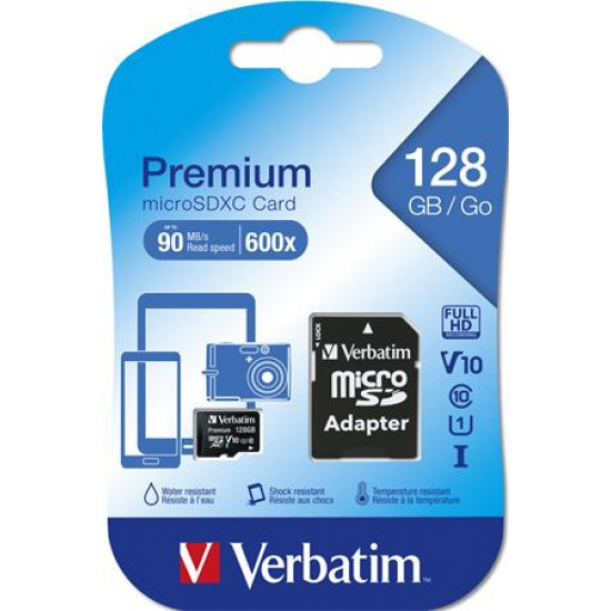 Memóriakártya, microSDXC, 128GB, CL10/U1, 90/10 MB/s, adapter, VERBATIM "Premium"