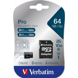 Memóriakártya, microSDXC, 64GB, CL10/U3, 90/45 MB/s, adapter, VERBATIM "PRO" Memóriakártya, microSDXC, 64GB, CL10/U3, 90/45 MB/s, adapter, VERBATIM "PRO"