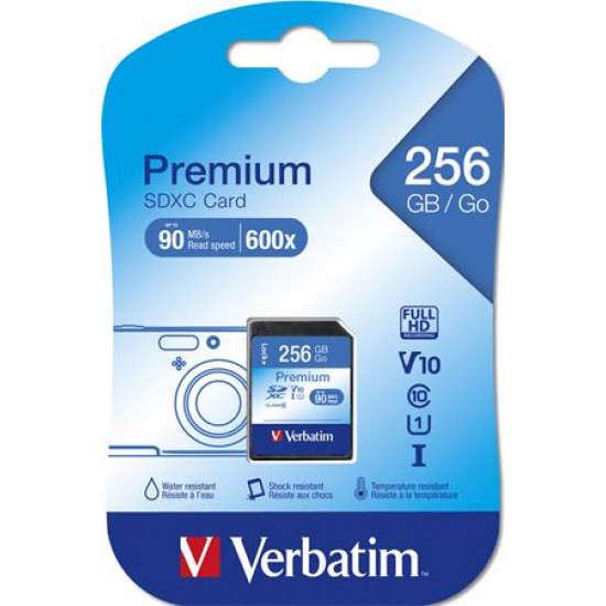 Memóriakártya, SDXC, 256GB, CL10/U1, 90/10 MB/s, VERBATIM "Premium"