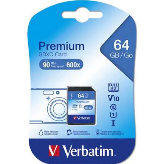 Memóriakártya, SDXC, 64GB, CL10/U1, 90/10 MB/s, VERBATIM "Premium"