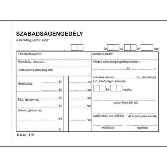 Nyomtatvány, szabadságengedély, 50x2, A6, VICTORIA "B.18-49", 10 tömb/csomag