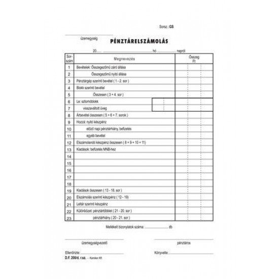 Nyomtatvány, pénztárelszámolás, 25x2, A5, VICTORIA "DF-200/d", 10 tömb/csomag