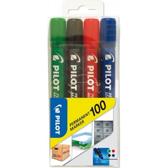 Alkoholos marker, 1 mm, kúpos, PILOT "Permanent Marker 100", 4 szín