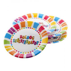 Tányér, papír, 23 cm, "Boldog születésnapot", csíkos-pöttyös Tányér, papír, 23 cm, "Boldog születésnapot", csíkos-pöttyös