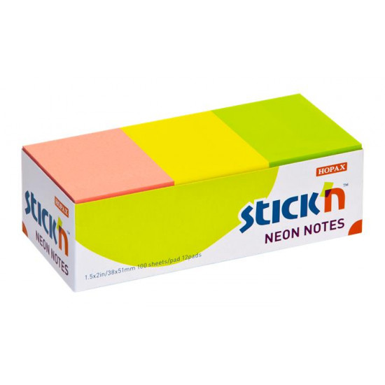 Öntapadó jegyzettömb, 38x51 mm, 12x100 lap, STICK N, neon színek