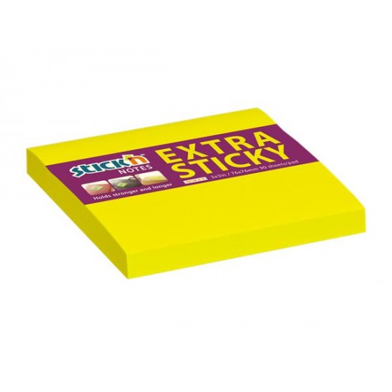 Öntapadó jegyzettömb, 76x76 mm, 90 lap, STICK N "Extra Sticky", neon sárga