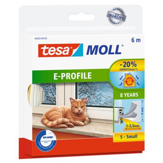 Ajtó- és ablaktömítő szalag, 9 mm x 6 m, TESA "tesamoll® E profil", fehér