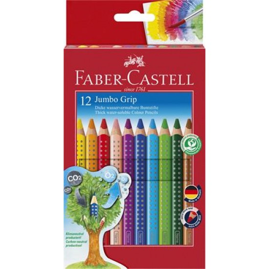 Színes ceruza készlet, háromszögletű, FABER-CASTELL "Jumbo Grip", 12 különböző szín + hegyező