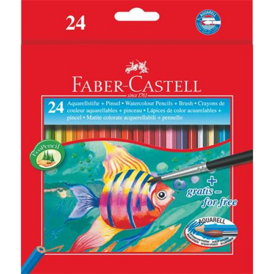 Akvarell ceruza készlet, hatszögletű, ecsettel, FABER-CASTELL, 24 különböző szín