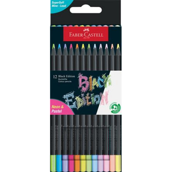 Színes ceruza készlet, háromszögletű, FABER-CASTELL "Black Edition", 6-6 különböző neon és pasztell szín Színes ceruza készlet, háromszögletű, FABER-CASTELL "Black Edition", 6-6 különböző neon és pasztell szín