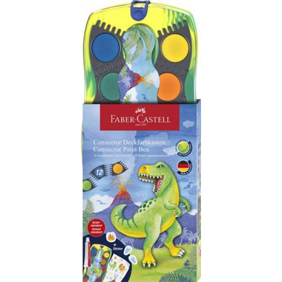 Vízfesték, 12 darabos, összeilleszthető, FABER-CASTELL "Dinoszaurusz"+1 tubus fehér tempera + dinoszaurusz matrica
