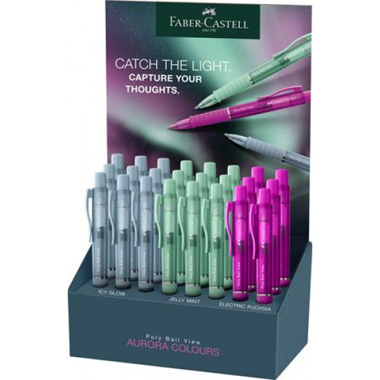 Golyóstoll display, 0,34 mm, nyomógombos, FABER-CASTELL "Poly Ball View Aurora", vegyes színek Golyóstoll display, 0,34 mm, nyomógombos, FABER-CASTELL "Poly Ball View Aurora", vegyes színek